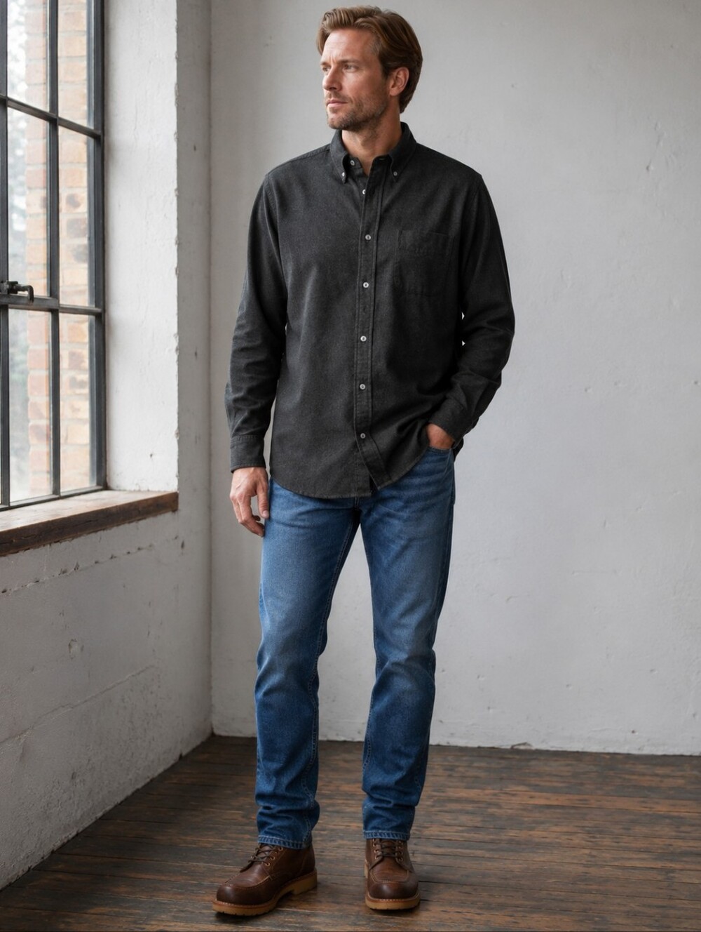 Eddie Bauer Tall Charcoal Cotton Woolen Flannel Button Down Oxford Collar- Sz: M